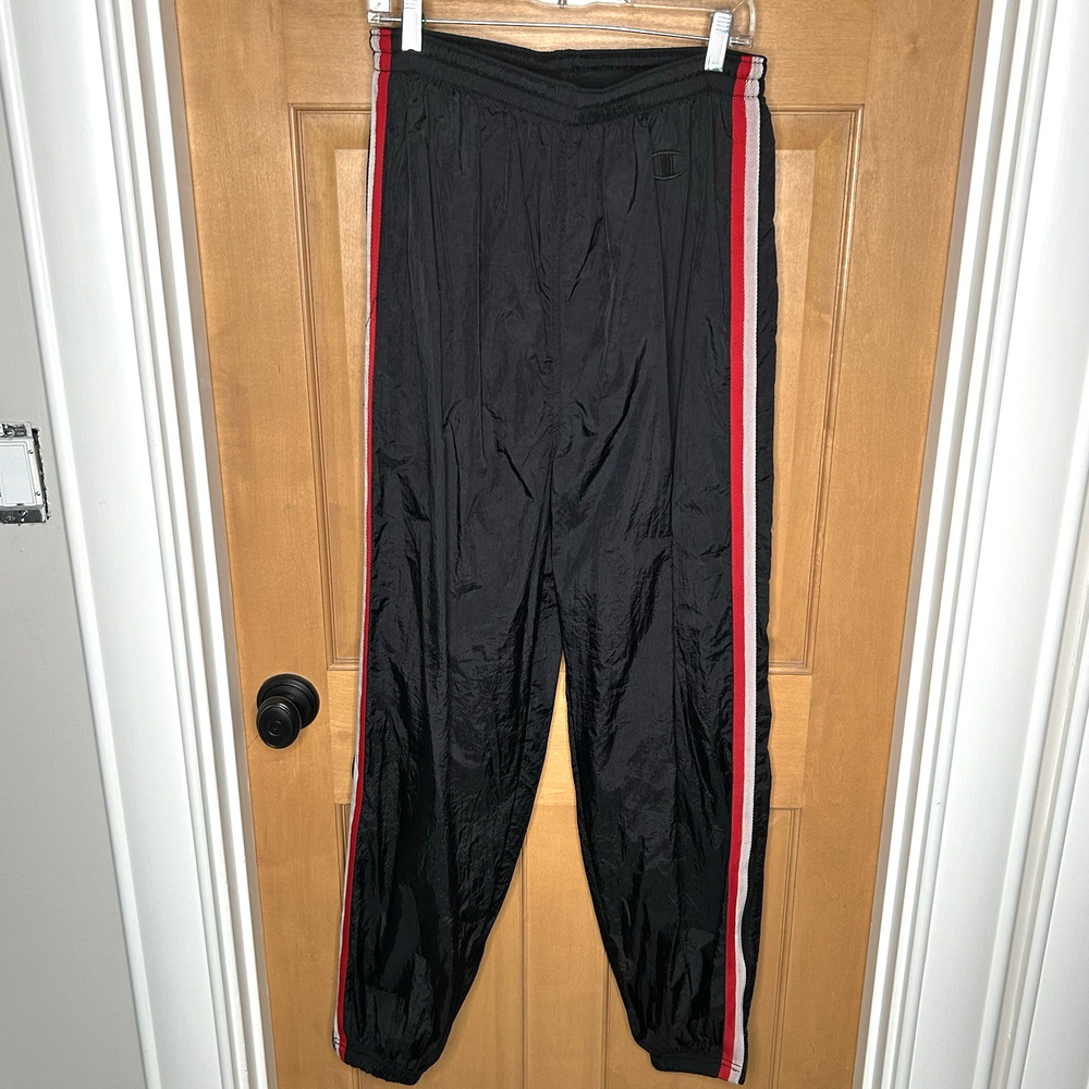 Vtg Champion Y2K Track‎ Pants Men's Size L Black Nylon Red Stripe Leg Zippers